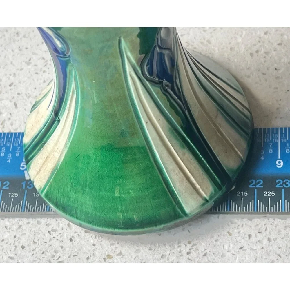 Awaji Green Ceramic Vase With Blue Iris Motif 6